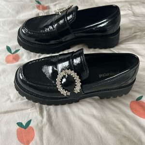 Jeffrey Campbell Black Loafers with Rhinestone Buckle
